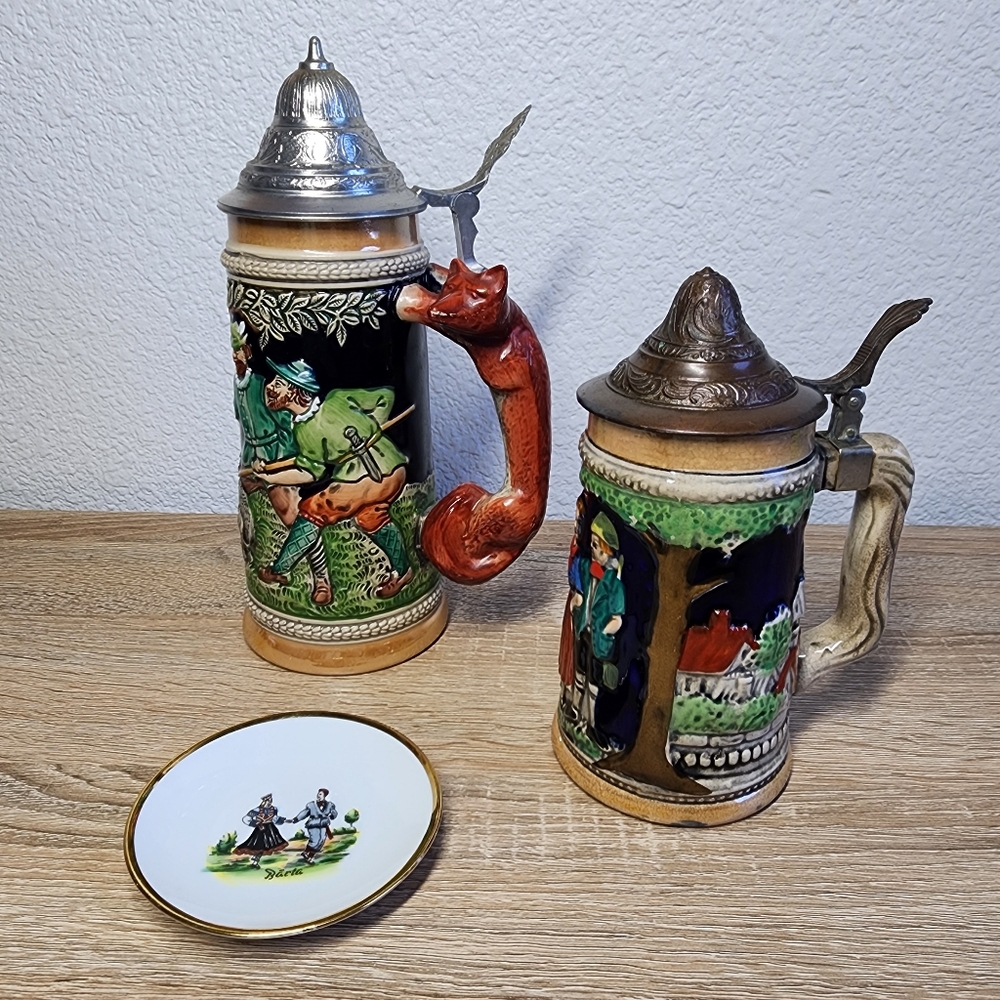 VINTAGE 3 Pc German Steins and Plate Lot - Picture 16 of 16